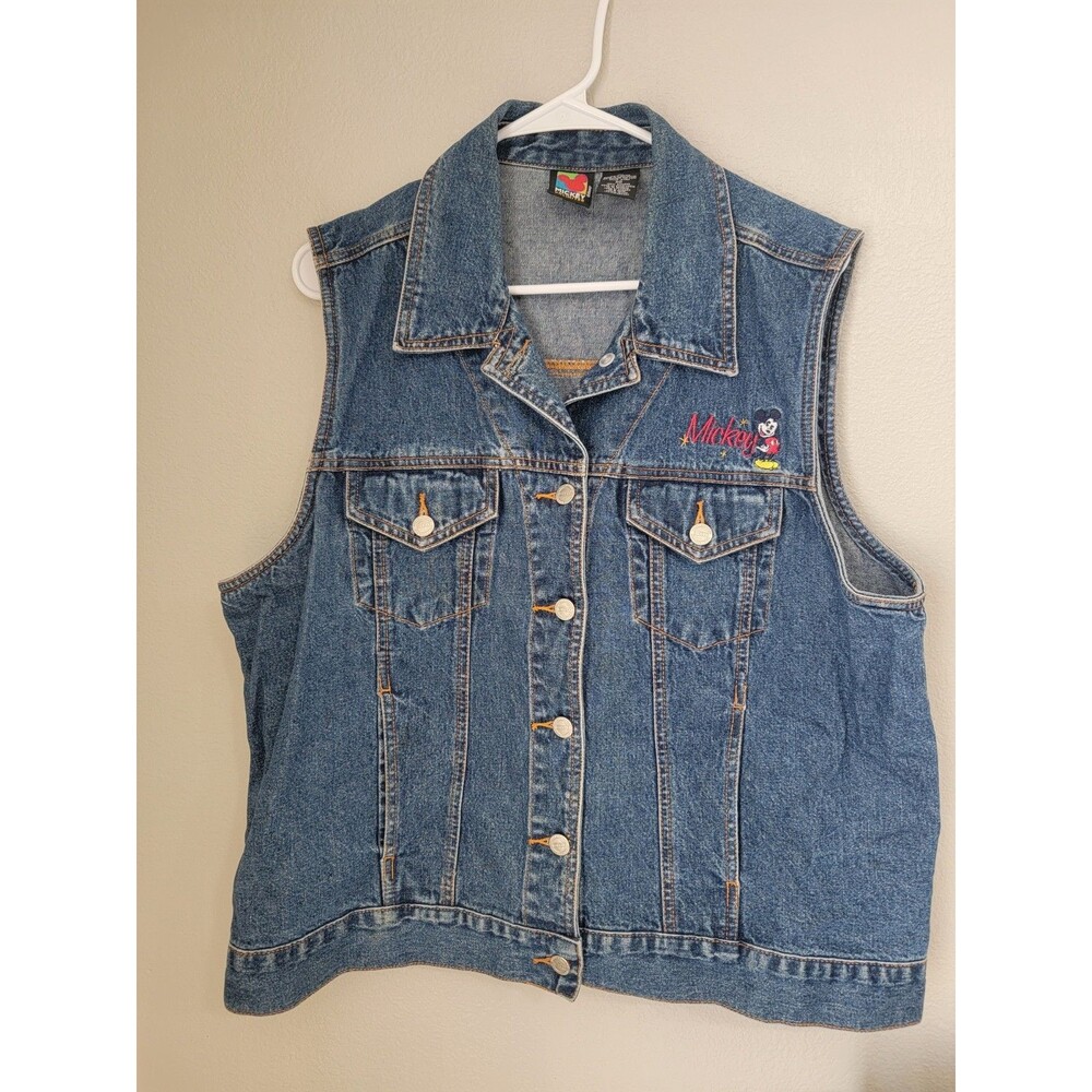 Vintage 90s Disney Mickey Unlimited Denim Vest Embroidered Size XL 23.5” P2P